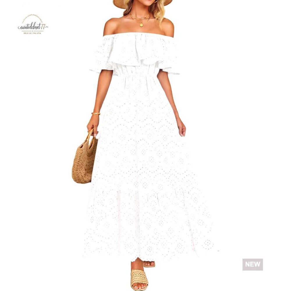 Off Shoulder Ruffle Midi Dress Hollow Out Embroidery High Waist Party